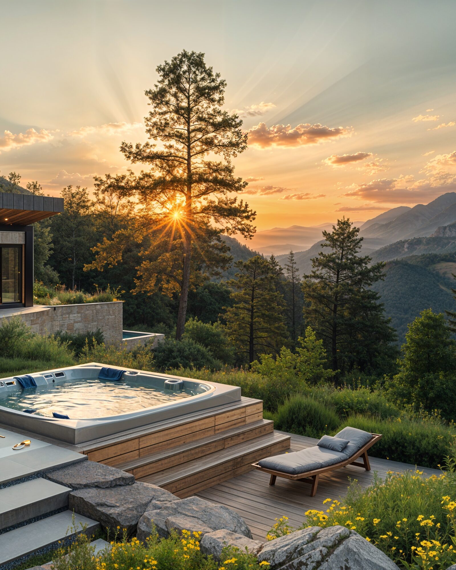 Hot tub on a mountainside deck at sunset